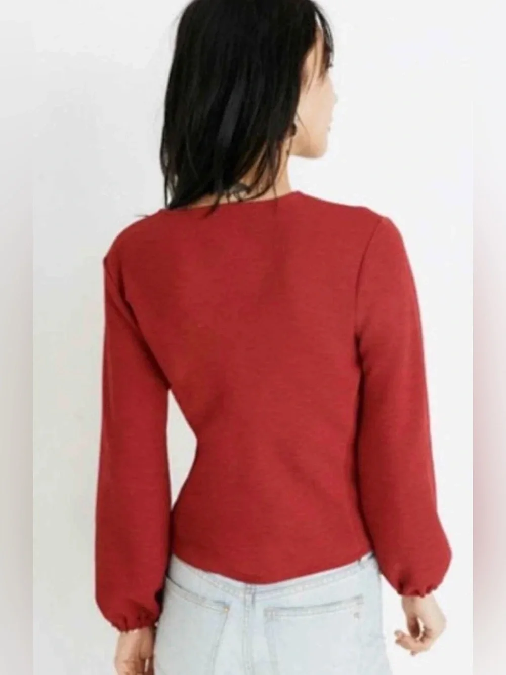 Madewell Texture & Thread Crossbody Wrap Blouse Top Red Crepe puff sleeve S